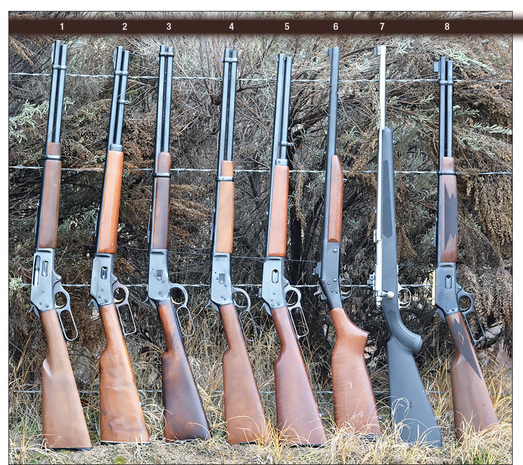 Beginning in 1959, the 44 Magnum has been chambered in a huge variety of rifles. Examples include from left to right; (1) Marlin 336-44, (2) Marlin 1894, (3) Browning B-92 manufactured by Miroku, (4) Rossi/Puma 92, (5) Marlin 1894 Cowboy Limited, (6) New England Handi Rifle, (7) Ruger 77/44 and (8) Ruger produced Marlin 1894 Classic.